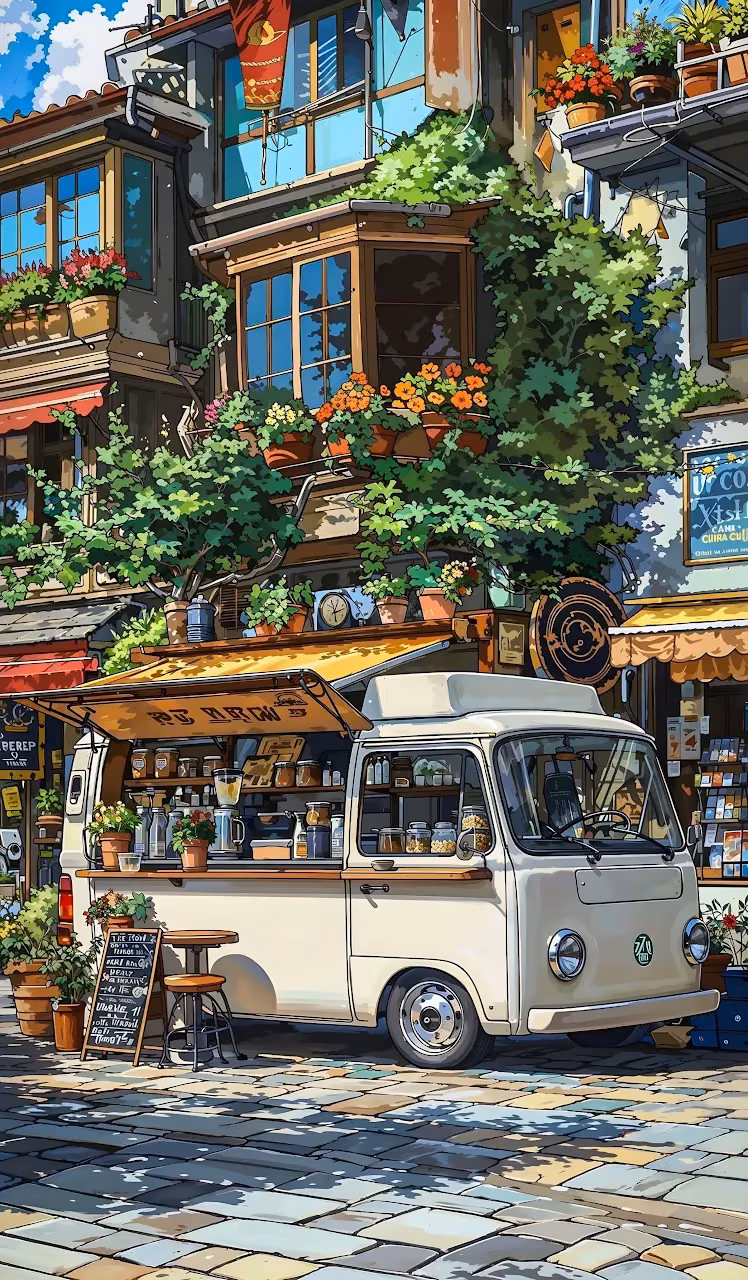 Download Cozy Anime Coffee Van Street Scene Floral Urban Art Wallpaper in Mobile HD Cozy Anime Coffee Van Street Scene Floral Urban Art - Free Mobile AMOLED Wallpaper Background