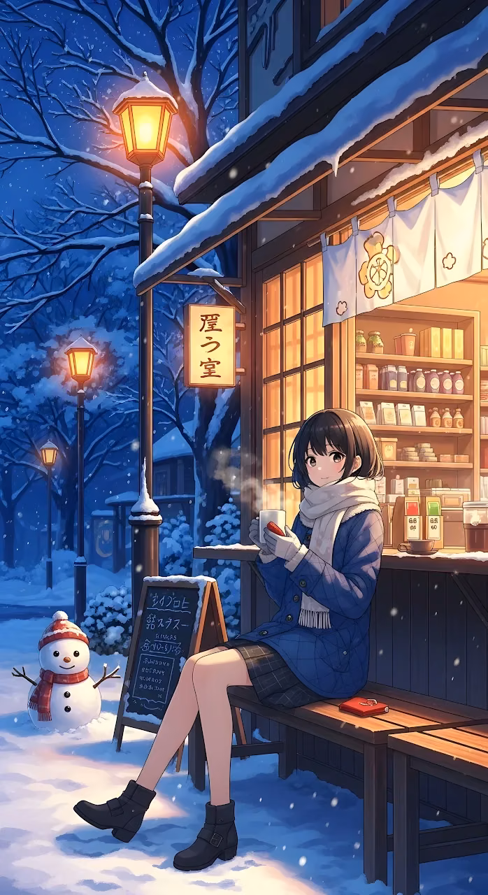 Cozy Anime Girl Winter Snowfall Japanese Shop - Free Mobile AMOLED Wallpaper Background