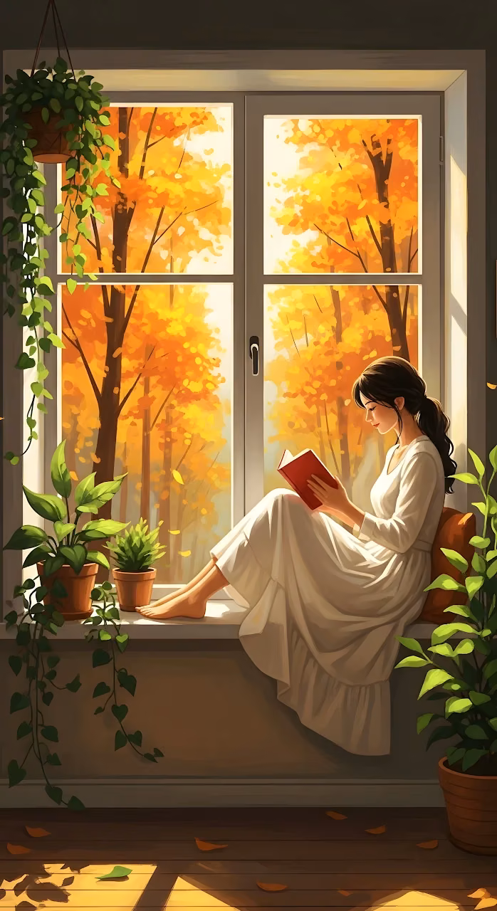 Cozy Autumn Reading Scene Woman on Window Ledge Art - Free Mobile AMOLED Wallpaper Background