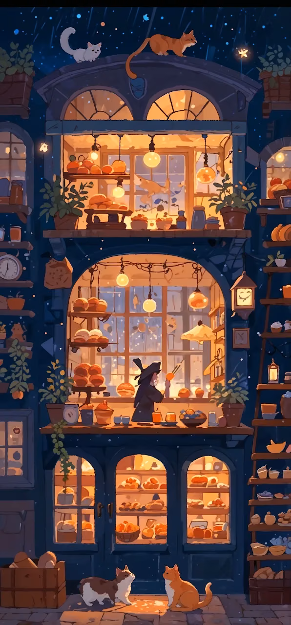 Cozy Bakery at Night with Cats on Rooftop - Free Mobile AMOLED Wallpaper Background