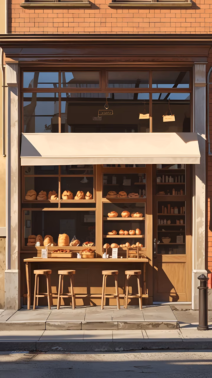 Cozy Bakery Storefront Illustration with Outdoor Seating - Free Mobile AMOLED Wallpaper Background