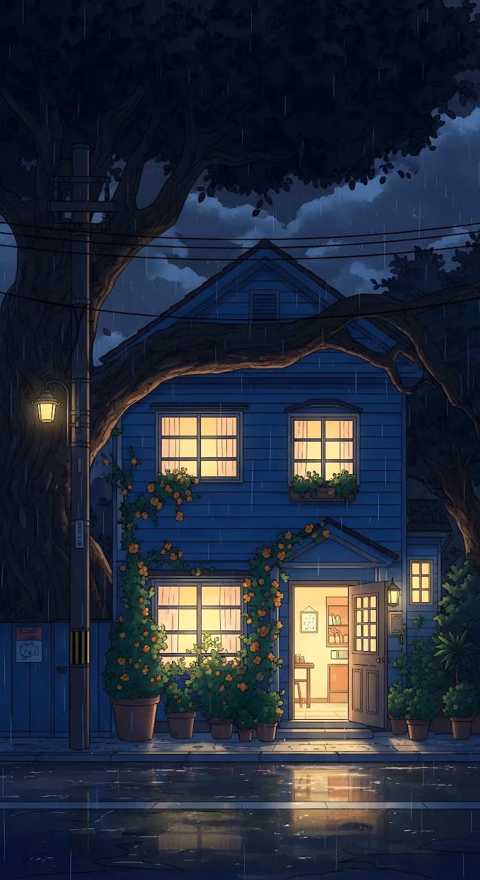 Download Cozy Blue House in Rain Lofi Anime Night Scene Illustration Wallpaper in Mobile HD Cozy Blue House in Rain Lofi Anime Night Scene Illustration - Free Mobile AMOLED Wallpaper Background