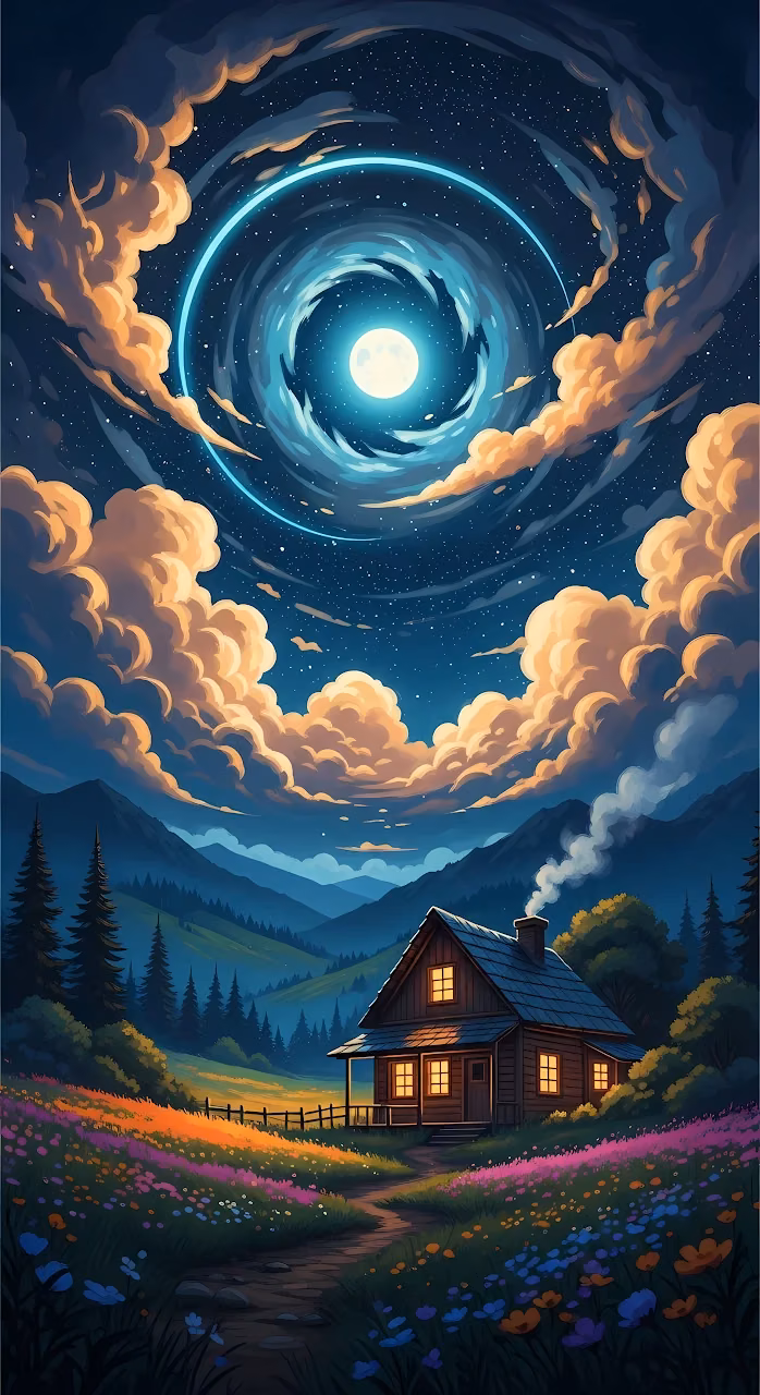 Download Cozy Cabin Under a Swirling Cosmic Night Sky and Full Moon Wallpaper in Mobile HD Cozy Cabin Under a Swirling Cosmic Night Sky and Full Moon - Free Mobile AMOLED Wallpaper Background