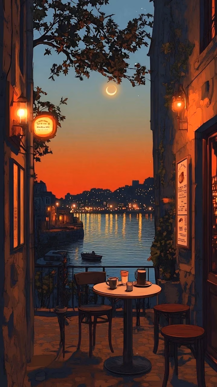 Download Cozy Cafe Balcony Sunset View Over Illuminated Harbor Wallpaper in Mobile HD Cozy Cafe Balcony Sunset View Over Illuminated Harbor - Free Mobile AMOLED Wallpaper Background