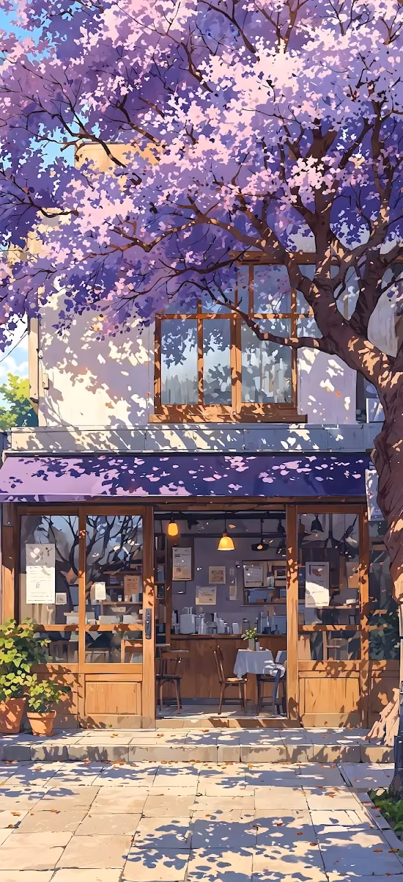 Cozy Cafe Exterior Under Blooming Purple Tree - Free Mobile AMOLED Wallpaper Background