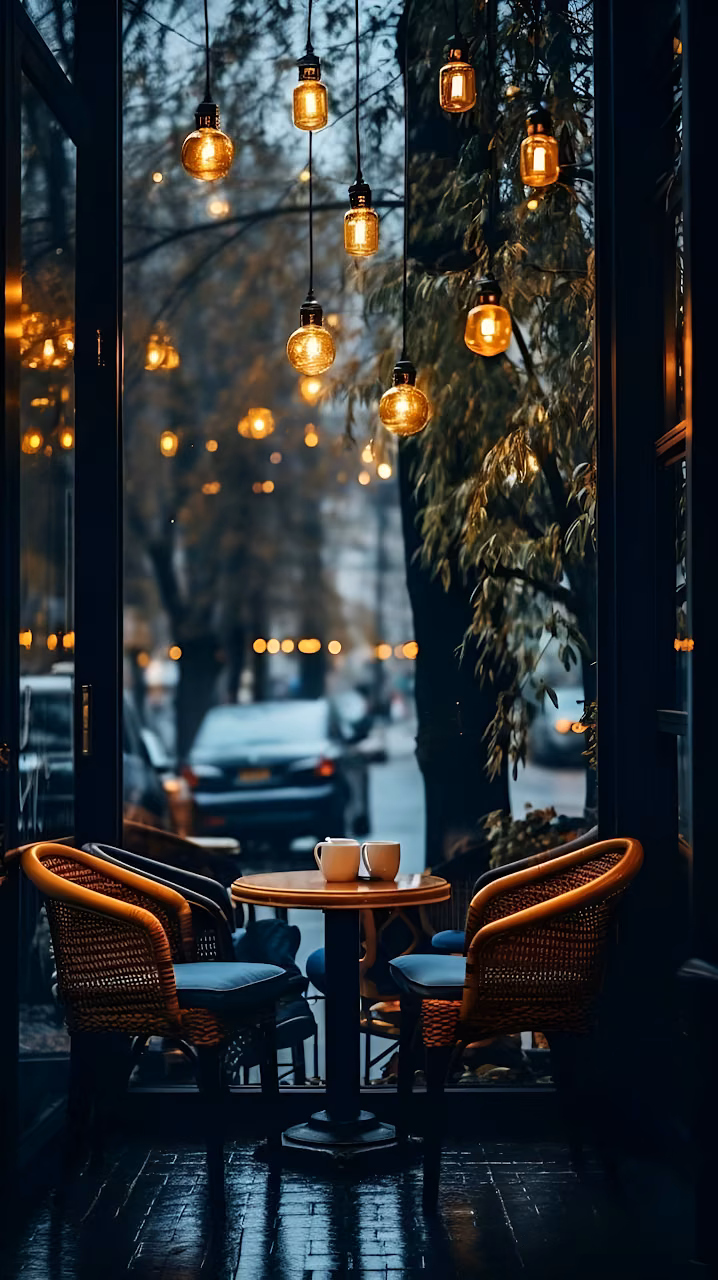 Download Cozy Cafe Table Under Warm Hanging Lights Wallpaper in Mobile HD Cozy Cafe Table Under Warm Hanging Lights - Free Mobile AMOLED Wallpaper Background