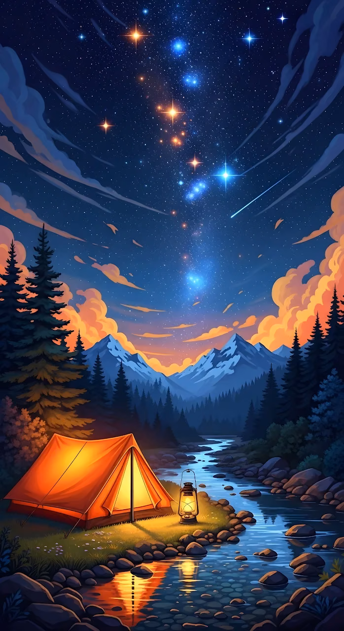 Cozy Campsite Under Vivid Starry Mountain Sky - Free Mobile AMOLED Wallpaper Background