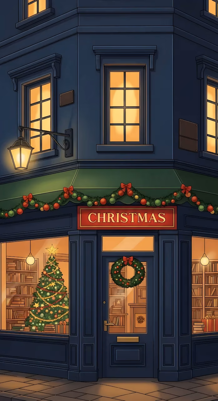 Cozy Christmas Bookstore Exterior Illustration at Night - Free Mobile AMOLED Wallpaper Background