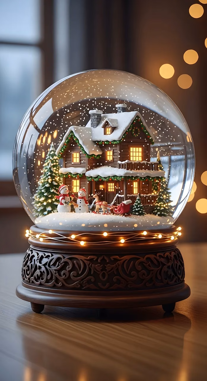 Cozy Christmas Cabin Scene in Ornate Snow Globe - Free Mobile AMOLED Wallpaper Background