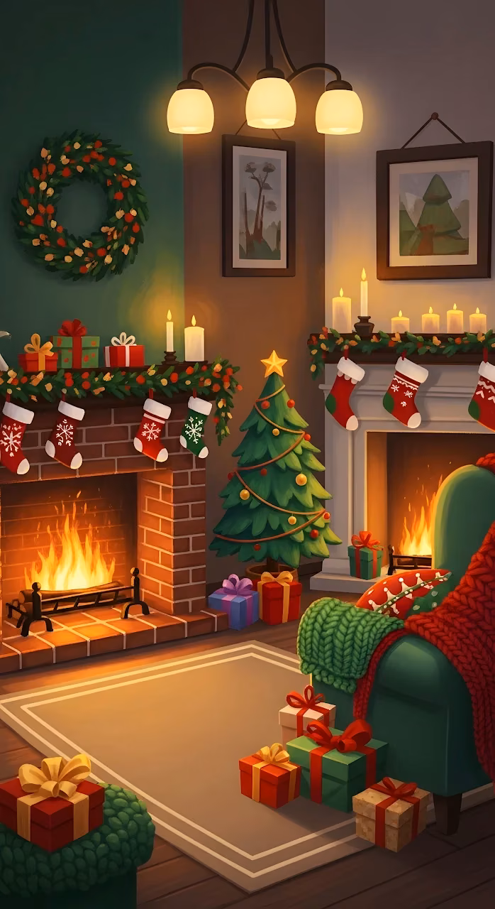 Download Cozy Christmas Eve Fireplace Living Room Illustration Wallpaper in Mobile HD Cozy Christmas Eve Fireplace Living Room Illustration - Free Mobile AMOLED Wallpaper Background