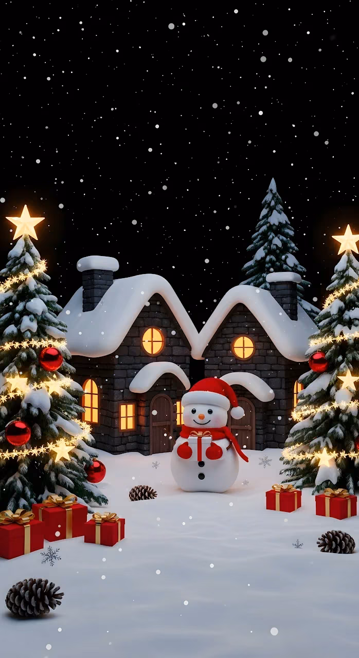 Cozy Christmas Snowman Village Night Winter Scene - Free Mobile AMOLED Wallpaper Background