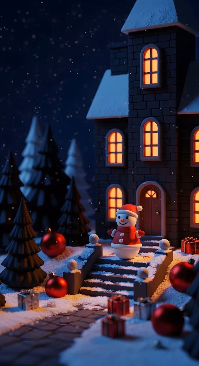 Download Cozy Claymation Snowman at Dark Brick Christmas House Wallpaper in Mobile HD Cozy Claymation Snowman at Dark Brick Christmas House - Free Mobile AMOLED Wallpaper Background