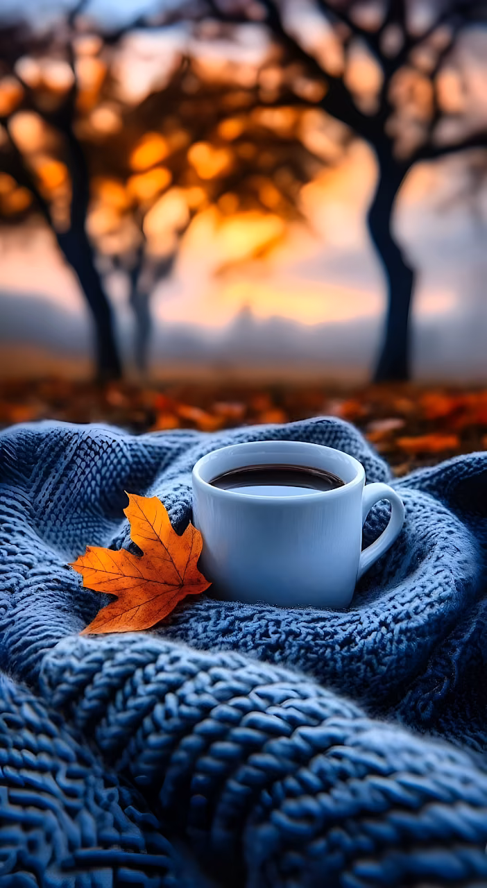 Download Cozy Coffee Cup on Knit Blanket with Autumn Leaf Wallpaper in Mobile HD Cozy Coffee Cup on Knit Blanket with Autumn Leaf - Free Mobile AMOLED Wallpaper Background