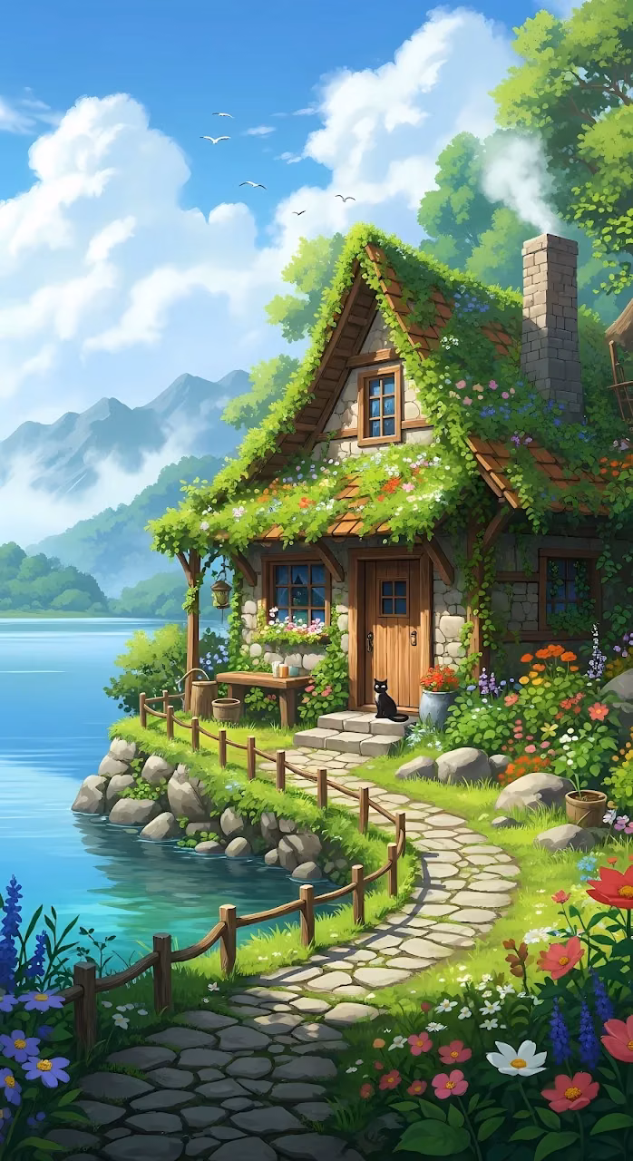 Cozy Cottage by a Lake with Flower Covered Roof - Free Mobile AMOLED Wallpaper Background