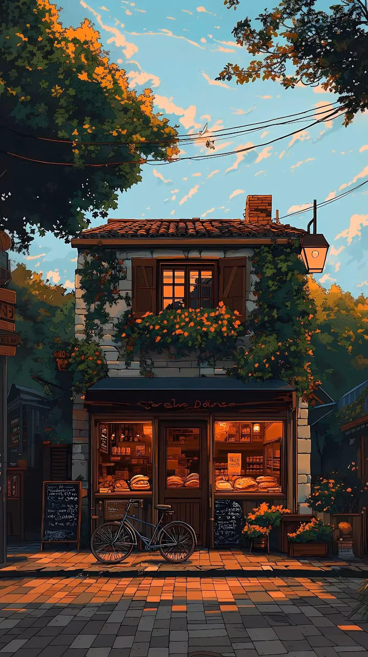 Cozy European Bakery Shopfront Golden Hour Anime Style - Free Mobile AMOLED Wallpaper Background