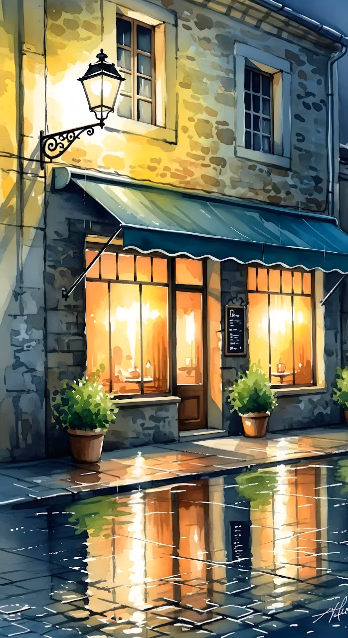 Download Cozy European Cafe on Rainy Night Watercolor Painting Wallpaper in Mobile HD Cozy European Cafe on Rainy Night Watercolor Painting - Free Mobile AMOLED Wallpaper Background