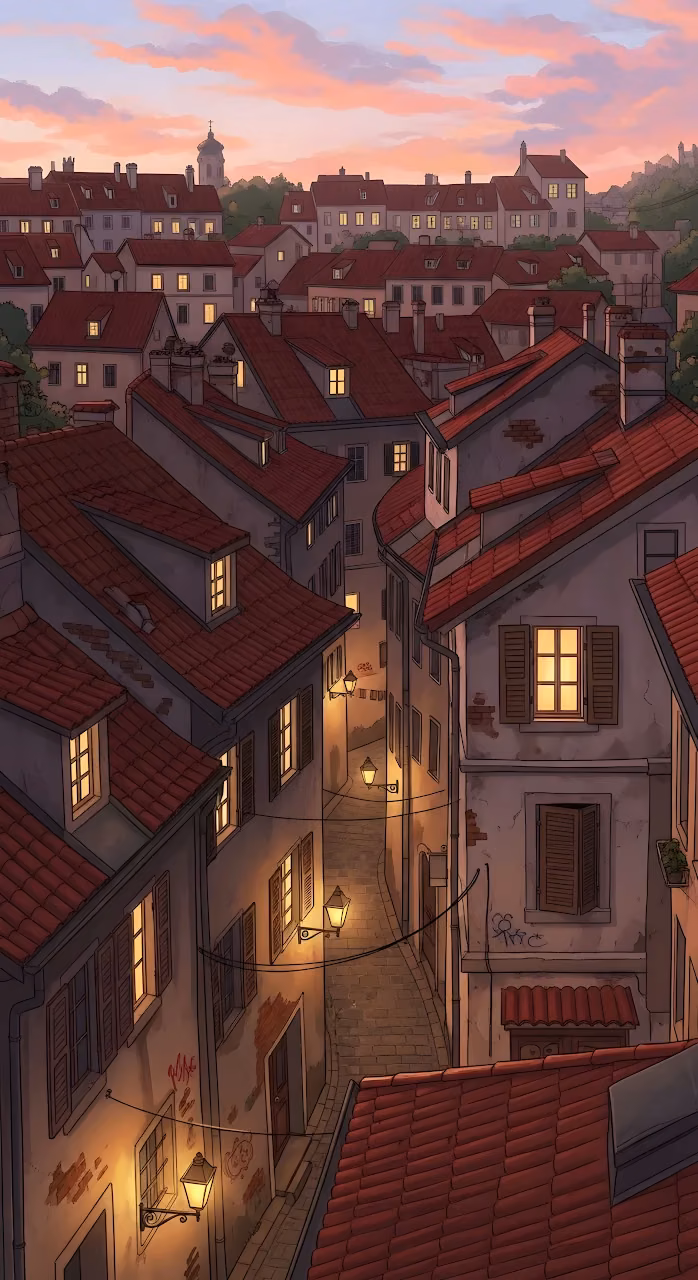 Cozy European Town Alley with Red Tile Roofs at Dusk - Free Mobile AMOLED Wallpaper Background