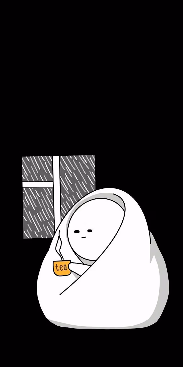 Cozy figure wrapped in blanket sipping tea during rainy night - Free Mobile AMOLED Wallpaper Background