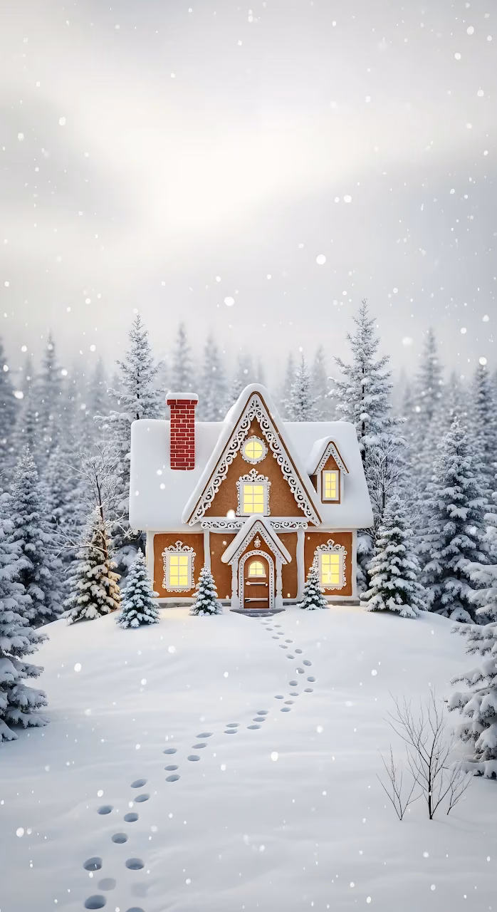 Cozy Gingerbread House in Snowy Winter Pine Forest Scene - Free Mobile AMOLED Wallpaper Background
