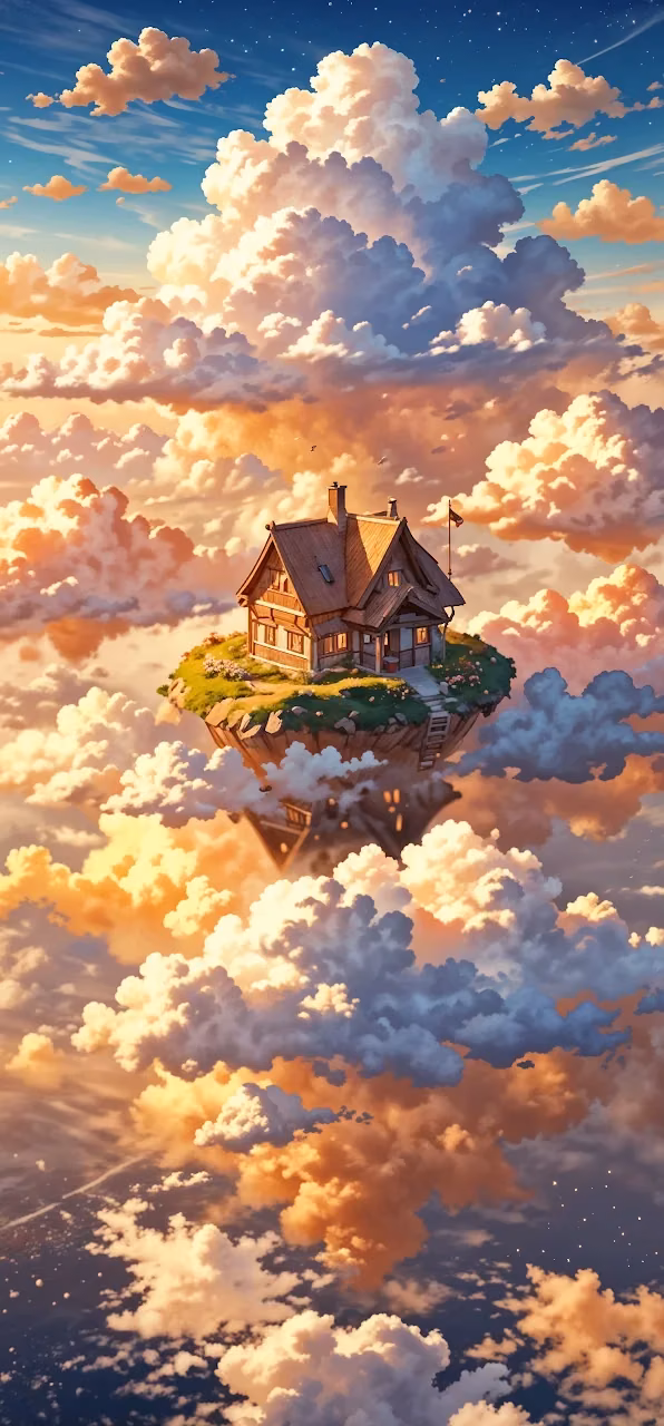 Cozy House on Floating Island Amidst Clouds - Free Mobile AMOLED Wallpaper Background
