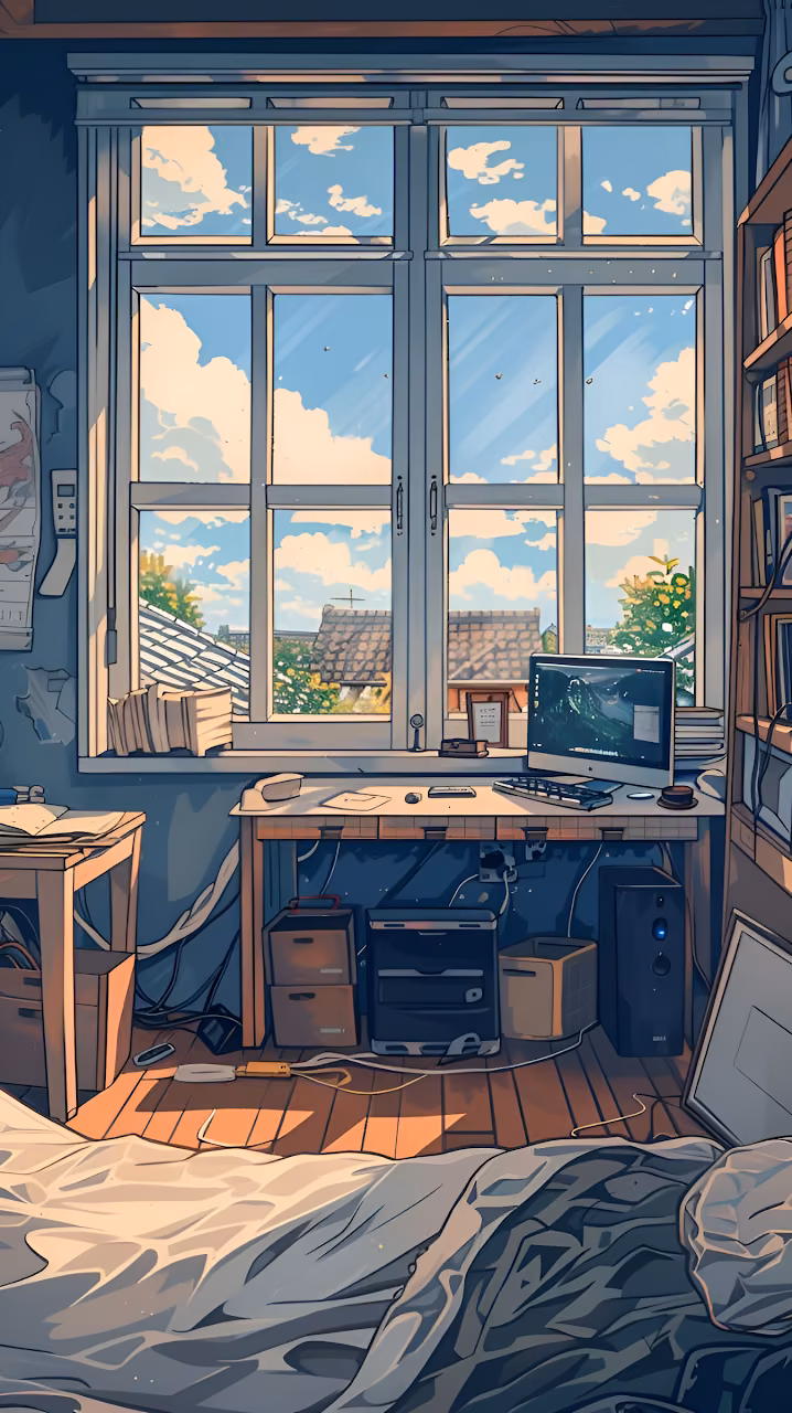 Cozy Lofi Study Room Interior with Large Window and Desk Setup - Free Mobile AMOLED Wallpaper Background