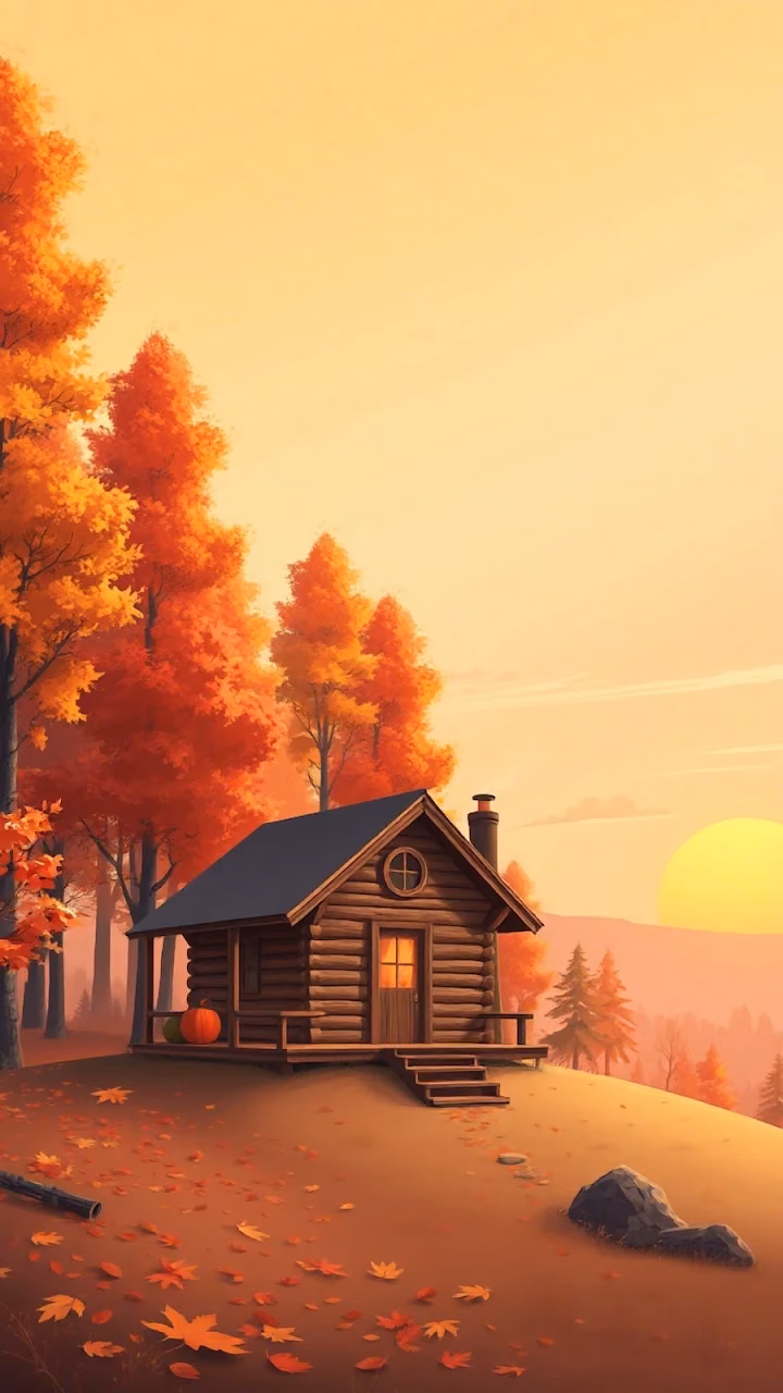 Cozy Log Cabin in Autumn Forest Sunset Painting - Free Mobile AMOLED Wallpaper Background