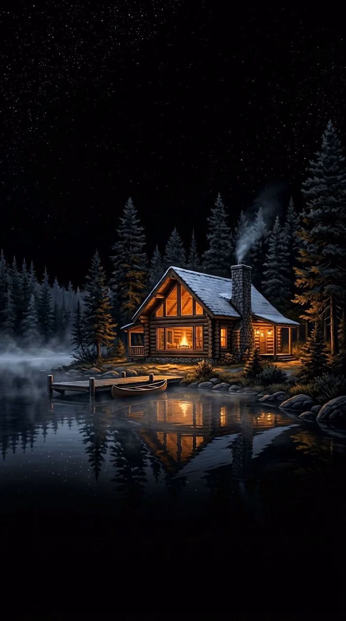 Cozy Log Cabin Lakeside Starry Night Mist Mobile Wallpaper - Free Mobile AMOLED Wallpaper Background