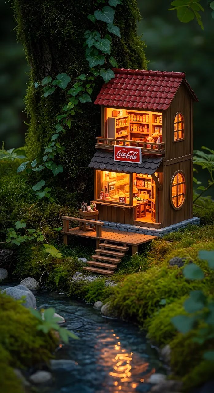 Cozy Miniature Forest Store Diorama by Mossy Stream - Free Mobile AMOLED Wallpaper Background