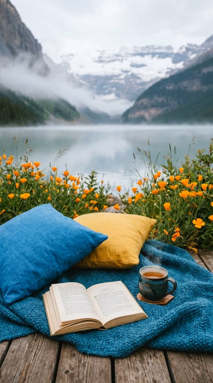 Cozy Outdoor Reading Spot with Pillows and Tea by a Lake - Free Mobile AMOLED Wallpaper Background