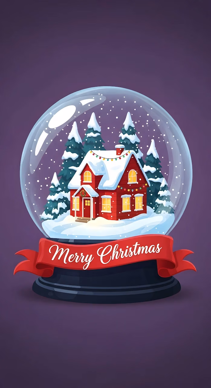 Cozy Red Cottage Snow Globe Merry Christmas Illustration - Free Mobile AMOLED Wallpaper Background