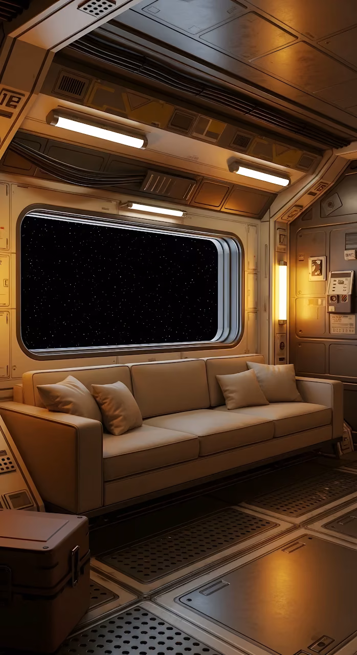 Download Cozy Sci Fi Spaceship Lounge with Starfield View Wallpaper in Mobile HD Cozy Sci Fi Spaceship Lounge with Starfield View - Free Mobile AMOLED Wallpaper Background