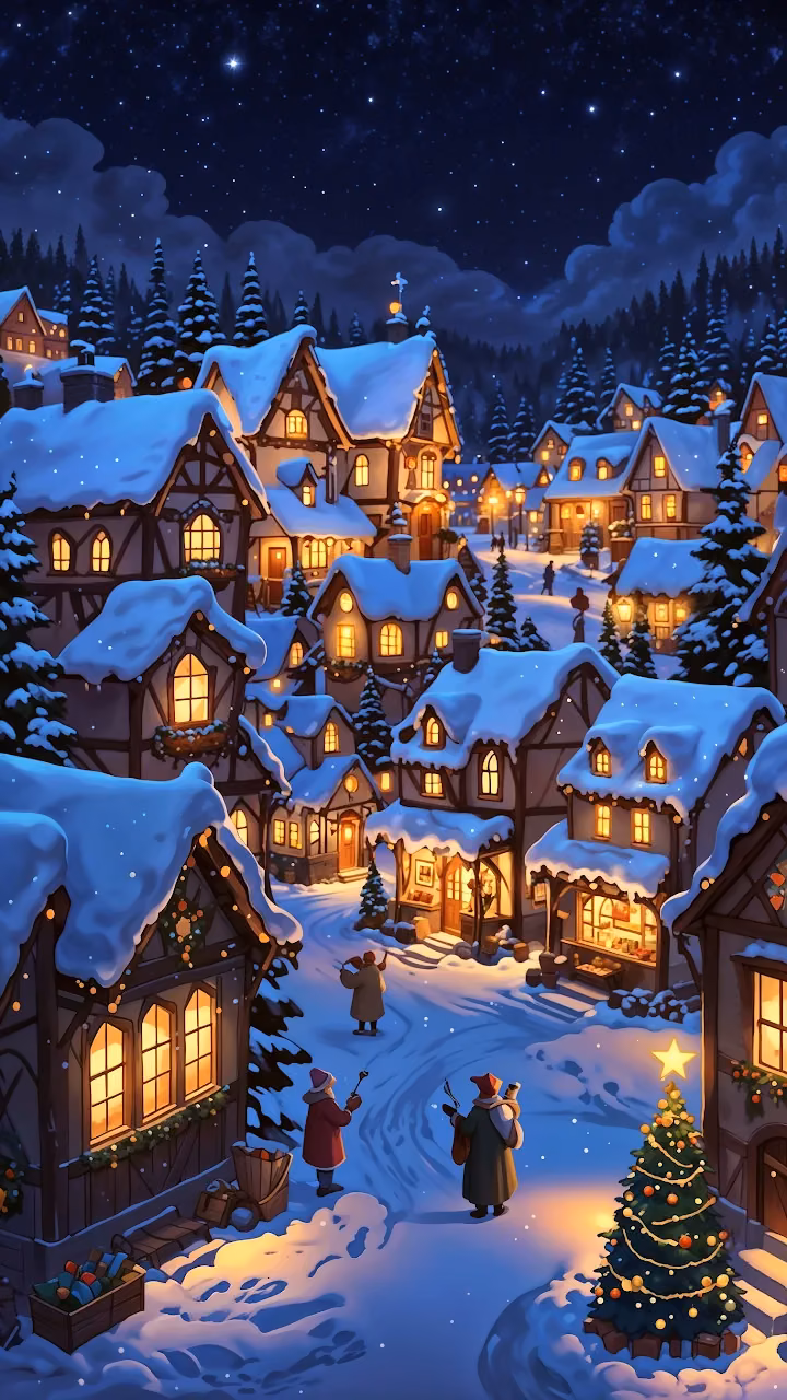 Cozy Snowy Village Under Starry Christmas Night - Free Mobile AMOLED Wallpaper Background