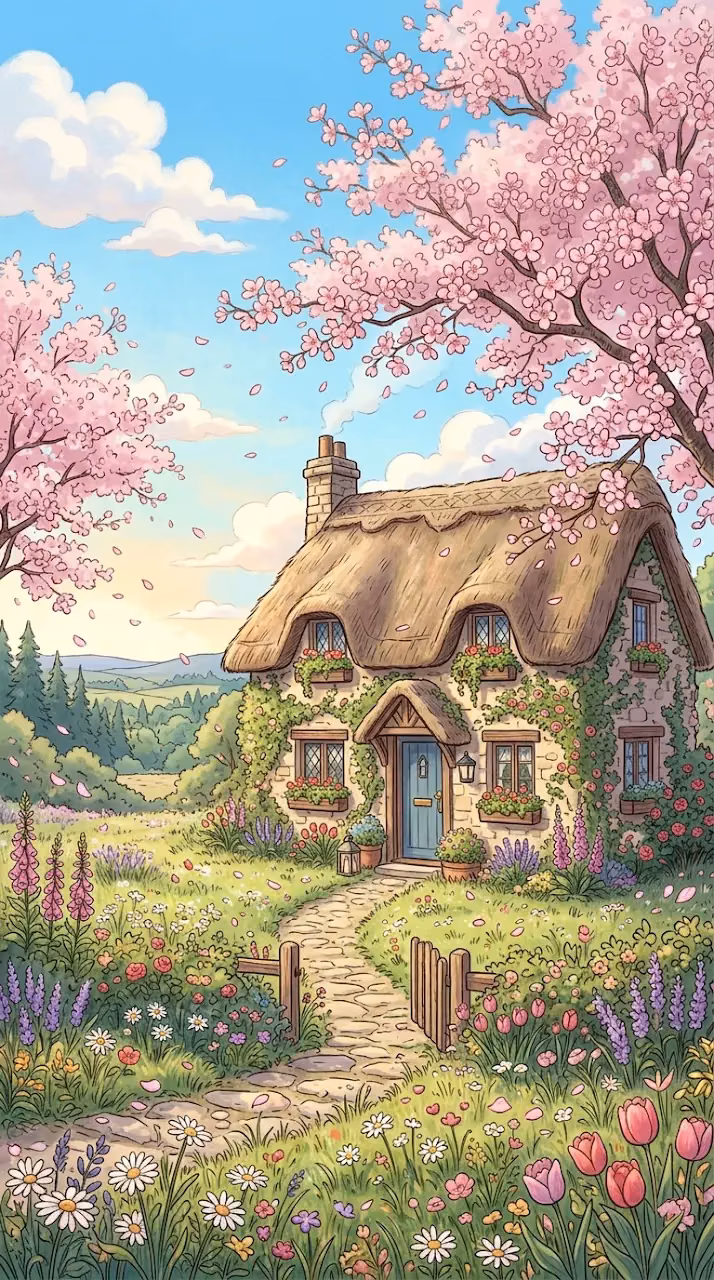 Cozy Spring Cottage with Blooming Flower Meadow and Cherry Blossoms - Free Mobile AMOLED Wallpaper Background