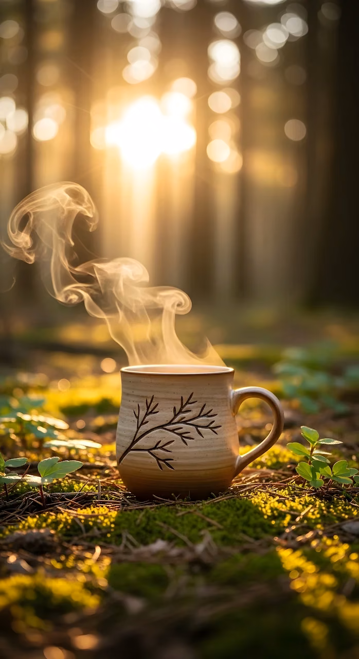 Download Cozy Steaming Coffee Mug in Golden Forest Sunlight Bokeh Wallpaper in Mobile HD Cozy Steaming Coffee Mug in Golden Forest Sunlight Bokeh - Free Mobile AMOLED Wallpaper Background