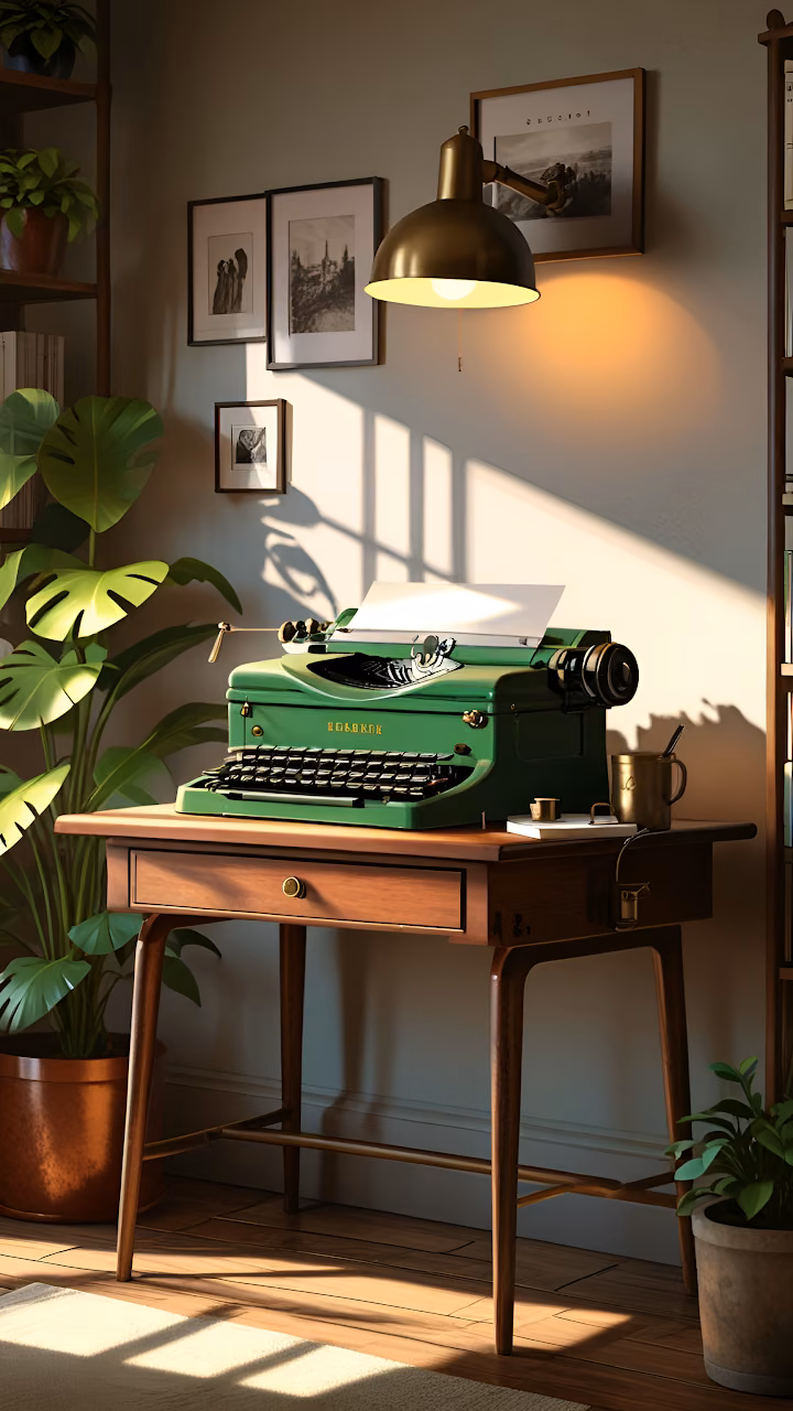 Download Cozy Study Nook Vintage Green Typewriter Sunlight Desk Wallpaper in Mobile HD Cozy Study Nook Vintage Green Typewriter Sunlight Desk - Free Mobile AMOLED Wallpaper Background