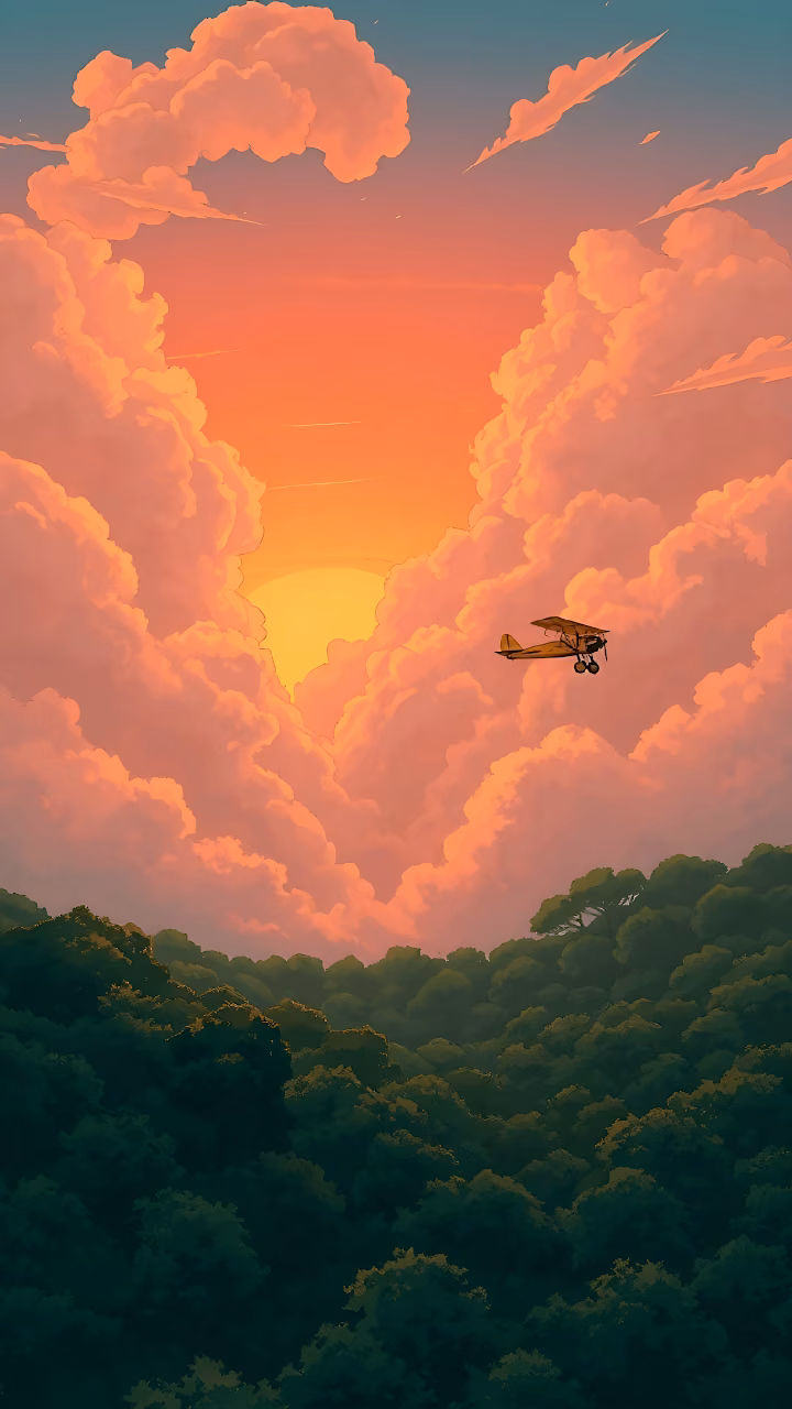Cozy Sunset Biplane Flight Over Forest Illustration Art - Free Mobile AMOLED Wallpaper Background