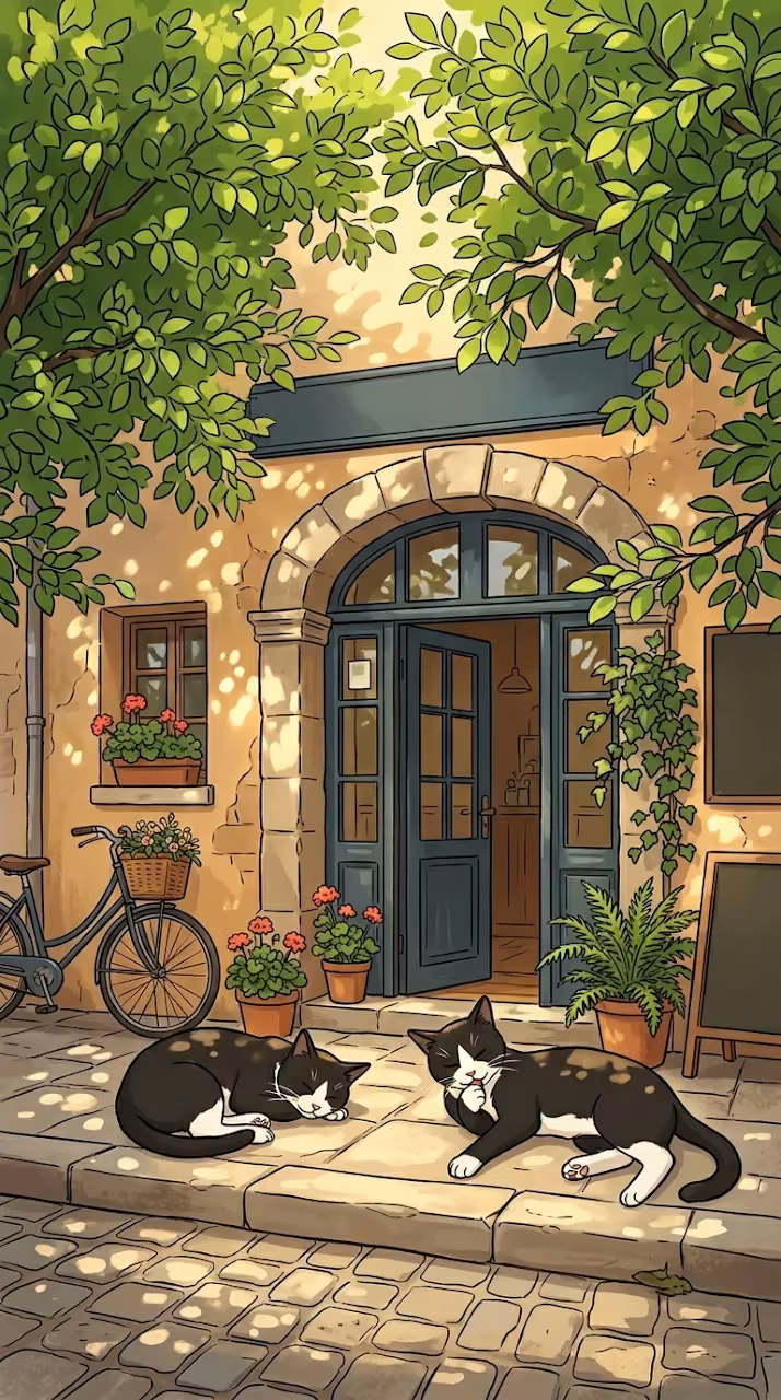 Download Cozy Urban Cafe Entrance with Potted Herbs and Sleeping Cats Wallpaper in Mobile HD Cozy Urban Cafe Entrance with Potted Herbs and Sleeping Cats - Free Mobile AMOLED Wallpaper Background