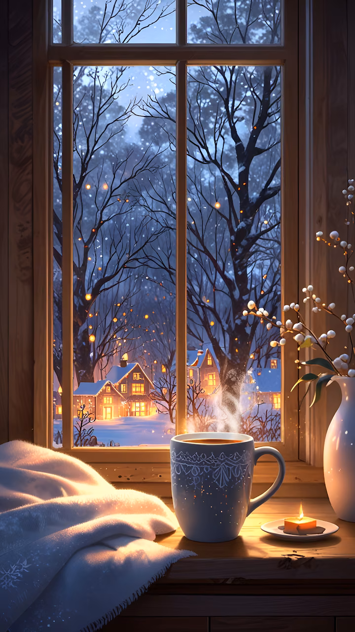Download Cozy Window View of Snowy Village at Twilight Wallpaper in Mobile HD Cozy Window View of Snowy Village at Twilight - Free Mobile AMOLED Wallpaper Background