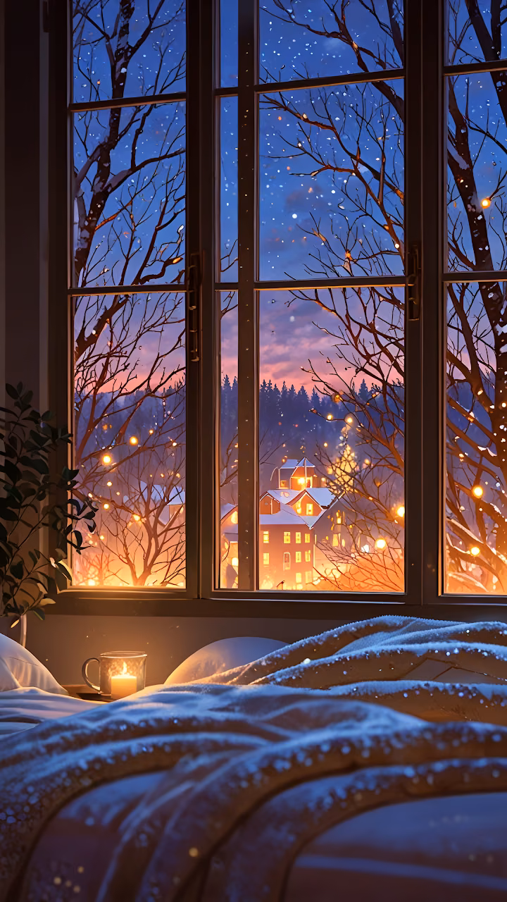Cozy Winter Window View Village Lights Snowfall Hygge - Free Mobile AMOLED Wallpaper Background
