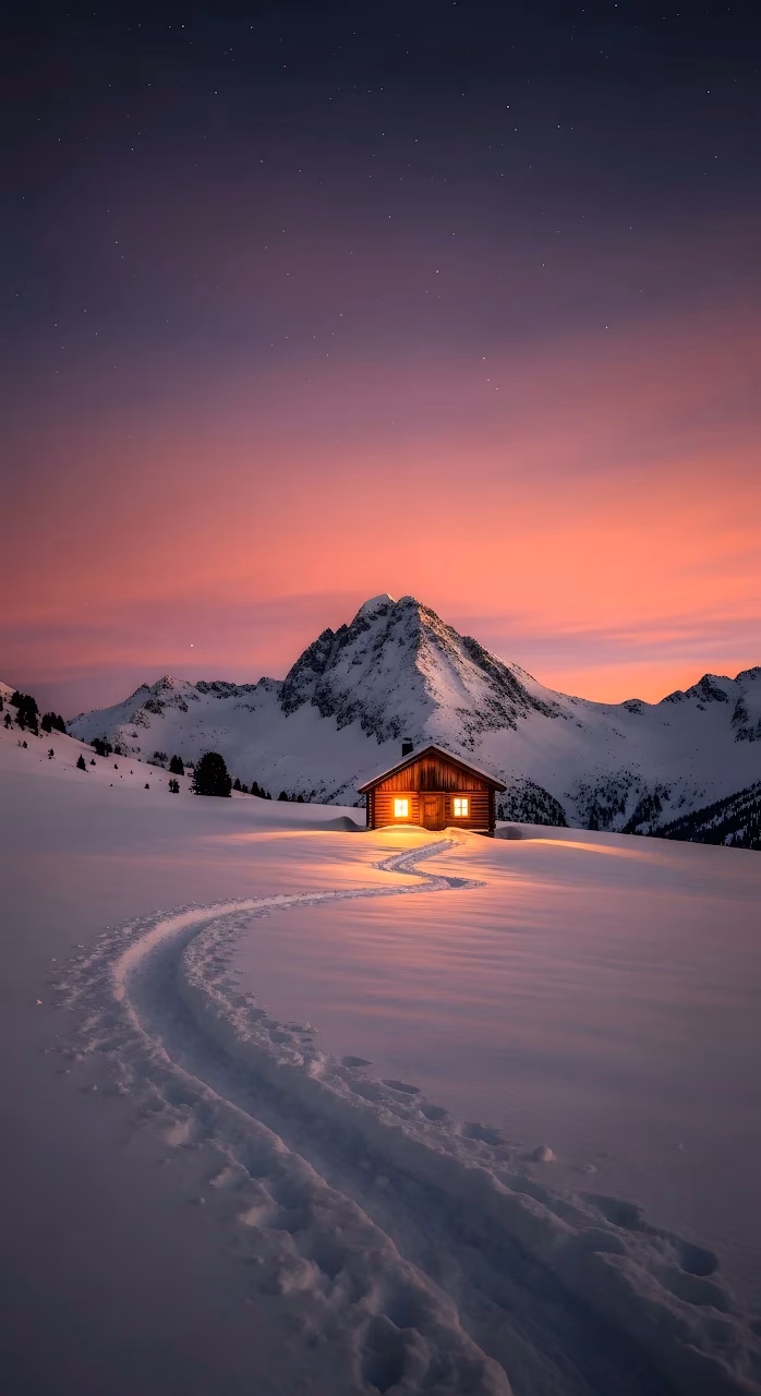 Cozy Wooden Cabin in Snowy Mountains at Sunset - Free Mobile AMOLED Wallpaper Background