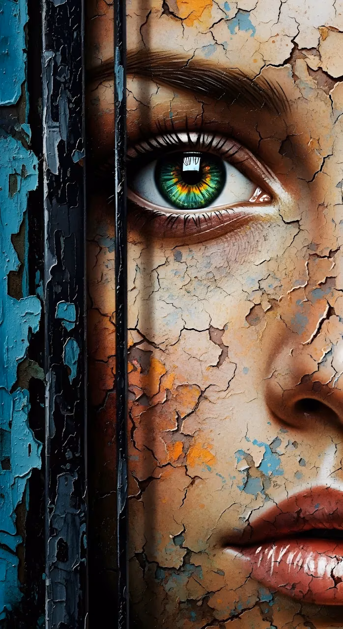 Cracked Mural Woman with Vivid Green Eye and Peeling Paint - Free Mobile AMOLED Wallpaper Background