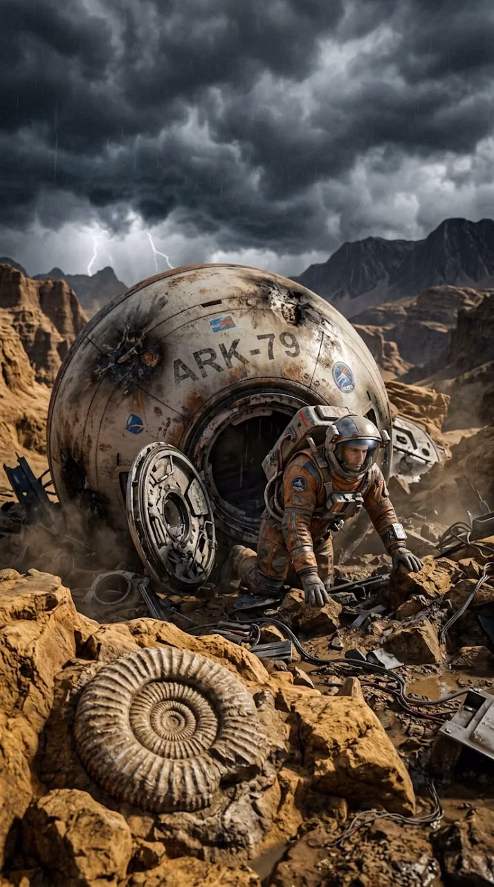 Crashed Space Capsule on Desert Planet Near Ancient Fossil - Free Mobile AMOLED Wallpaper Background