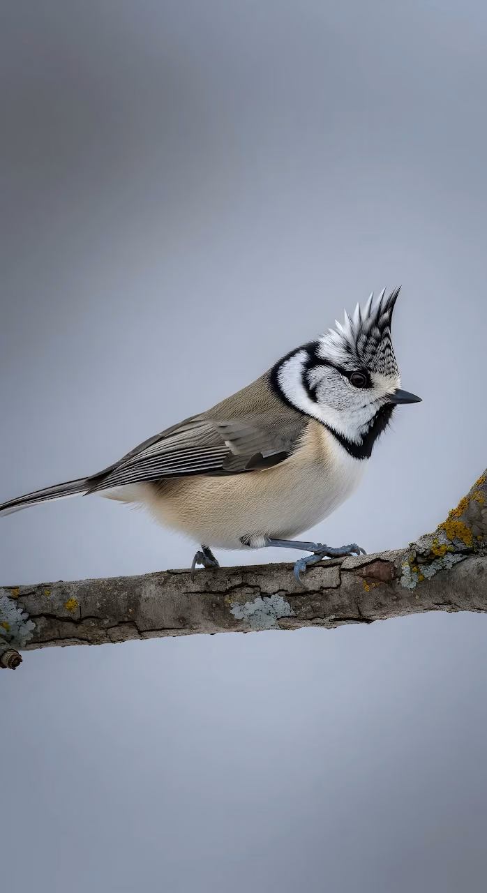 Crested Tit Bird with Spiky Head Feathers on Lichen Branch - Free Mobile AMOLED Wallpaper Background