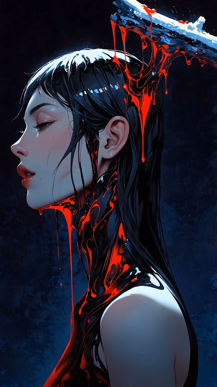 Crimson Drip Digital Portrait, Dark Fantasy Woman Profile Art - Free Mobile AMOLED Wallpaper Background