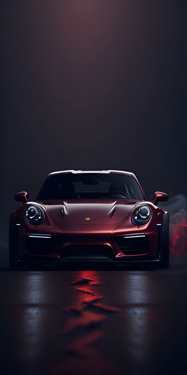 Crimson Porsche Sports Car in Dark Studio Reflection - Free Mobile AMOLED Wallpaper Background