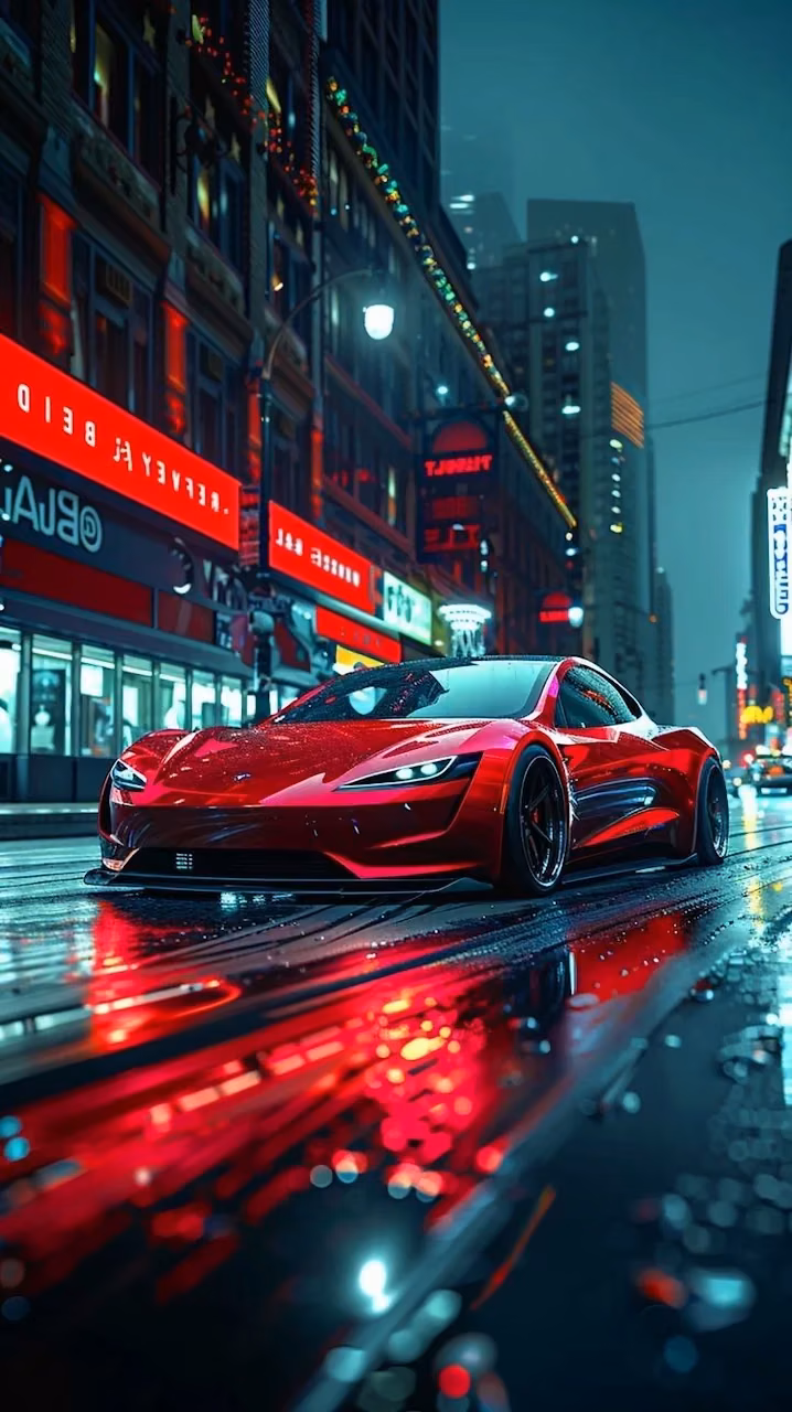Download Crimson Sports Car on Wet Neon City Street Night Drive Wallpaper in Mobile HD Crimson Sports Car on Wet Neon City Street Night Drive - Free Mobile AMOLED Wallpaper Background
