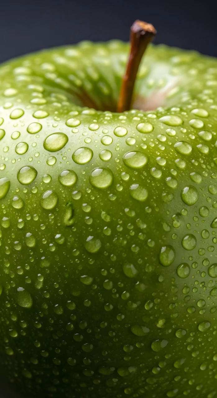 Crisp Green Apple Macro with Glistening Water Droplets - Free Mobile AMOLED Wallpaper Background