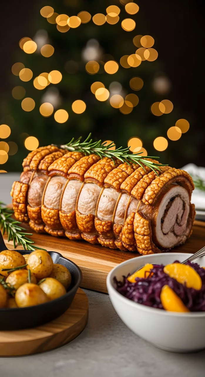 Crispy Crackling Pork Roast with Rosemary and Sides - Free Mobile AMOLED Wallpaper Background