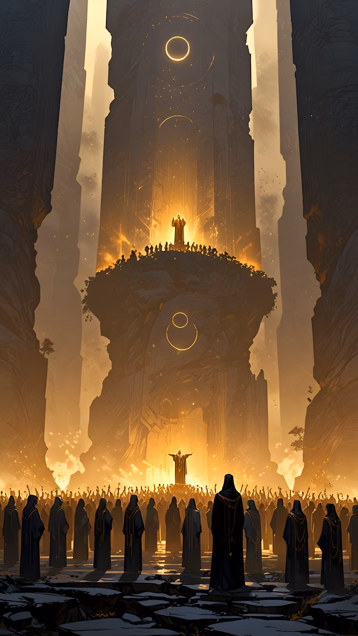 Download Crowd Gathered Before Floating Temple Under Golden Eclipse Wallpaper in Mobile HD Crowd Gathered Before Floating Temple Under Golden Eclipse - Free Mobile AMOLED Wallpaper Background