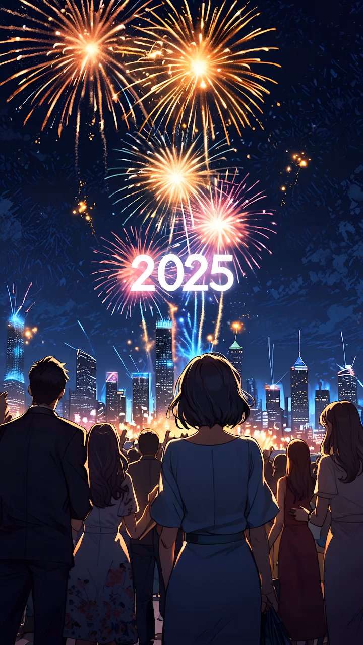 Crowd Watches 2025 Fireworks Over City Skyline - Free Mobile AMOLED Wallpaper Background